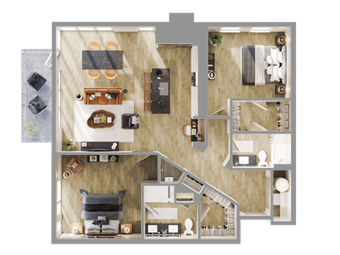 a 3d rendering of a floor plan of a house at Bemiston Place Apartments, Clayton, 63105